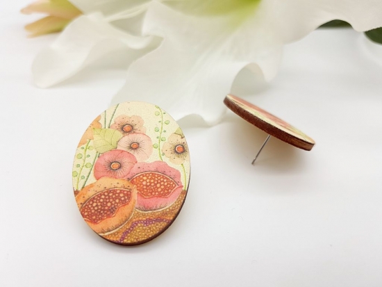 Preview: Große, ovale Holz Ohrstecker Mohnblumen